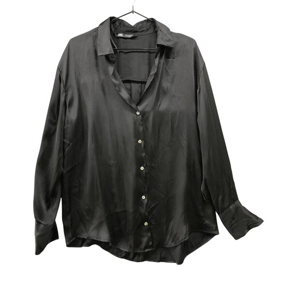 Zara Tops - Zara Satin Long Sleeve Blouse Womens M Button Down Black Relaxed Shirt